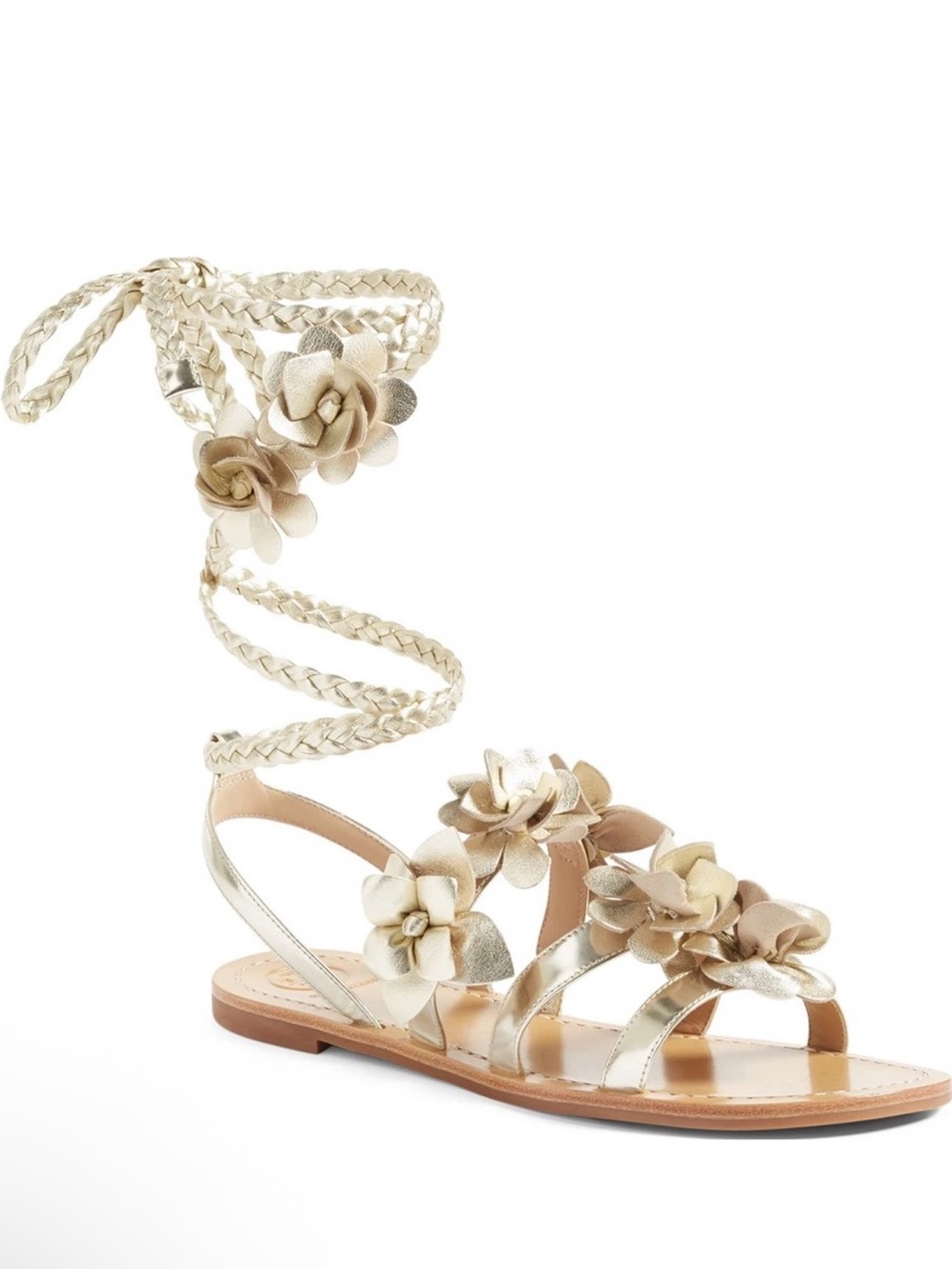 Tory Burch Blossom Metallic Gold Gladiator Floral Lace-Up Sandals Size 6.5